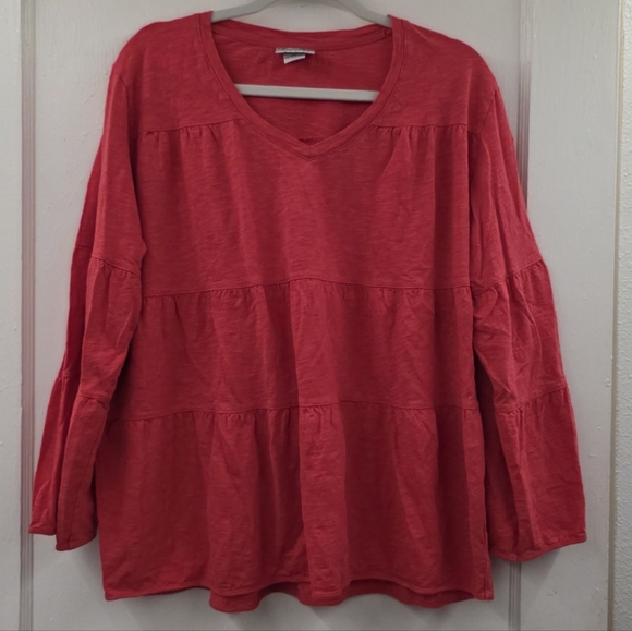 Wild Palms Tops - Wild Palms Coral Tiered Babydoll Top XL Cotton Boho V-Neck Blouse